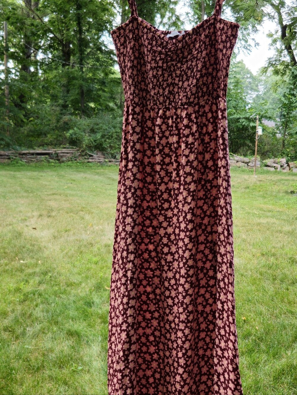 LUSH Womens Large Burgundy Mauve Floral Smocked Maxi Dress Tie Strap NWT